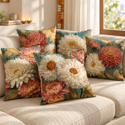 Luxury Teal and Cream Dahlia cushion cover set in a bright festive Indian living room