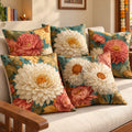 Cotton Feel Luxury Teal & Cream Dahlia Cushion Covers – Premium Floral Print Pillow Covers(Set of 5)