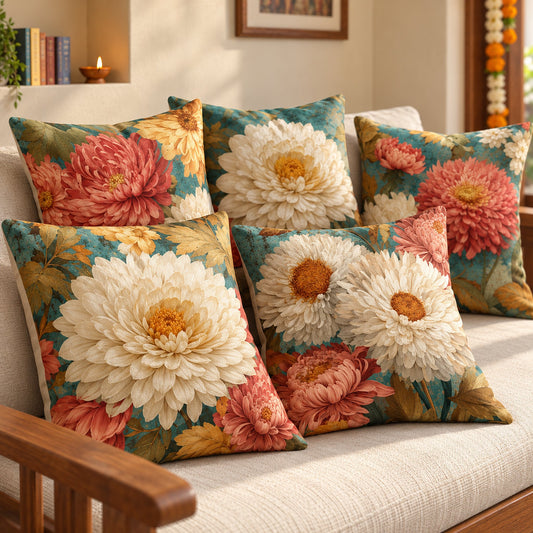 Luxury Teal and Cream Dahlia cushion covers arranged on a teak sofa in a festive home