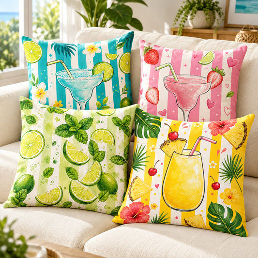 Tropical Cocktail cushion-cover set of 4 with strawberry, pineapple and mint-lime prints