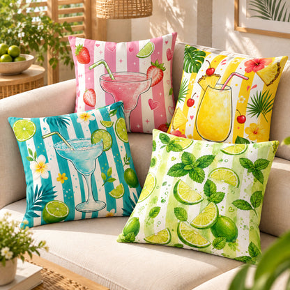 Tropical Cocktail set of 4 cotton-feel cushion covers styled on a cream sofa