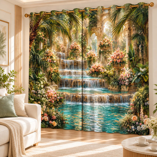 Premium Waterfalls Designer Room Darkening Curtains – Tropical Palms & Soft Pastel Florals Drapes for Modern Living Rooms in a bright cheerful living room