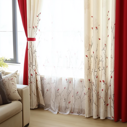 Premium Blackout Designer Curtains - Classic Cream & Maroon Floral Vines(Set of 2)