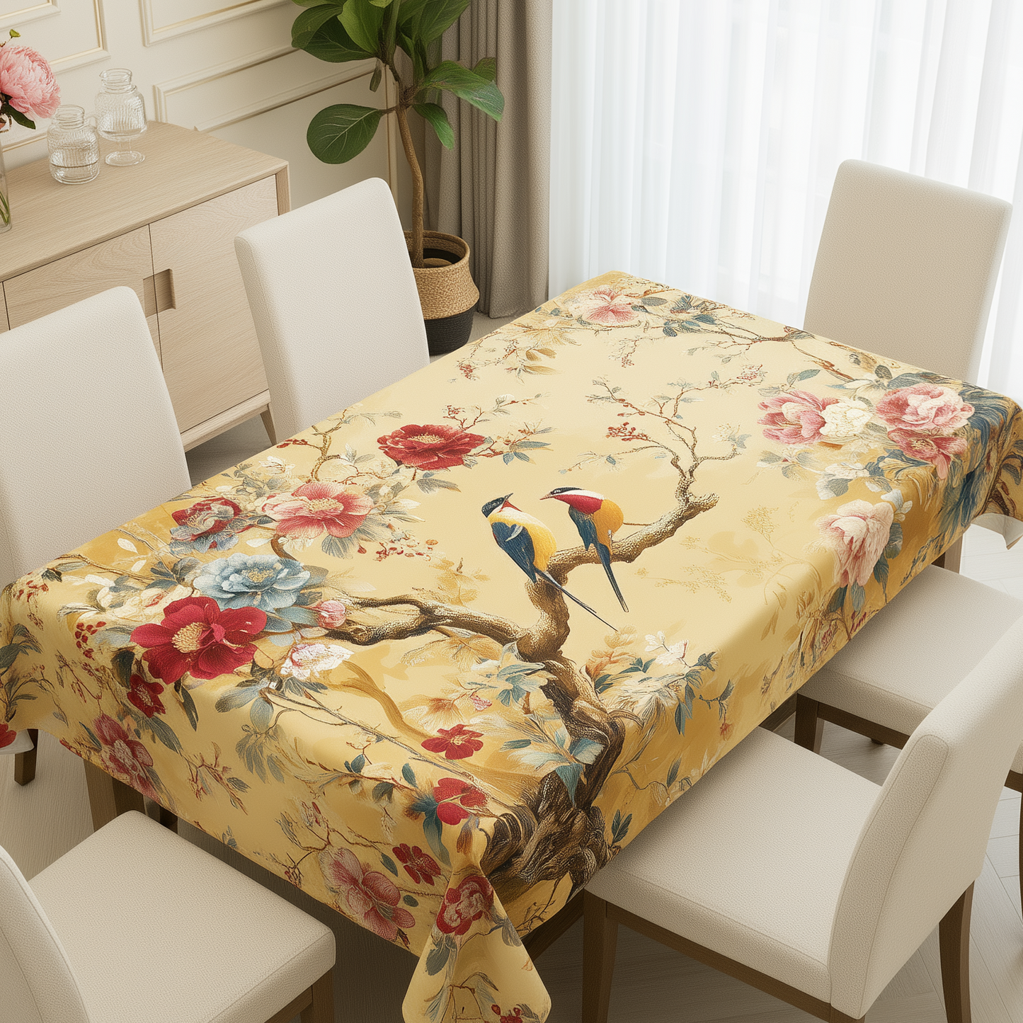Golden Yellow Bird & Floral Table Cover – Elegant Dining Tablecloth for Home Decor