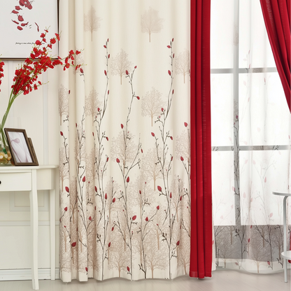 Premium Blackout Designer Curtains - Classic Cream & Maroon Floral Vines(Set of 2)