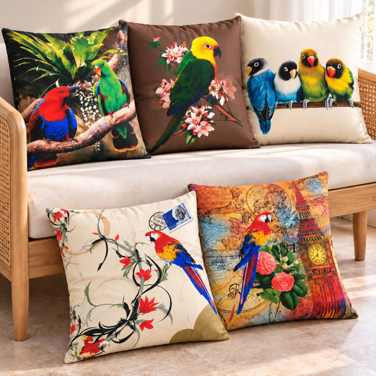 Vibrant Parrots set of five cushion covers on a cream cane sofa and floor in a bright room