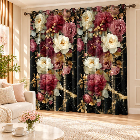 Vintage Black Roses burgundy and white floral room darkening curtains, set of two, in a bright cheerful living room