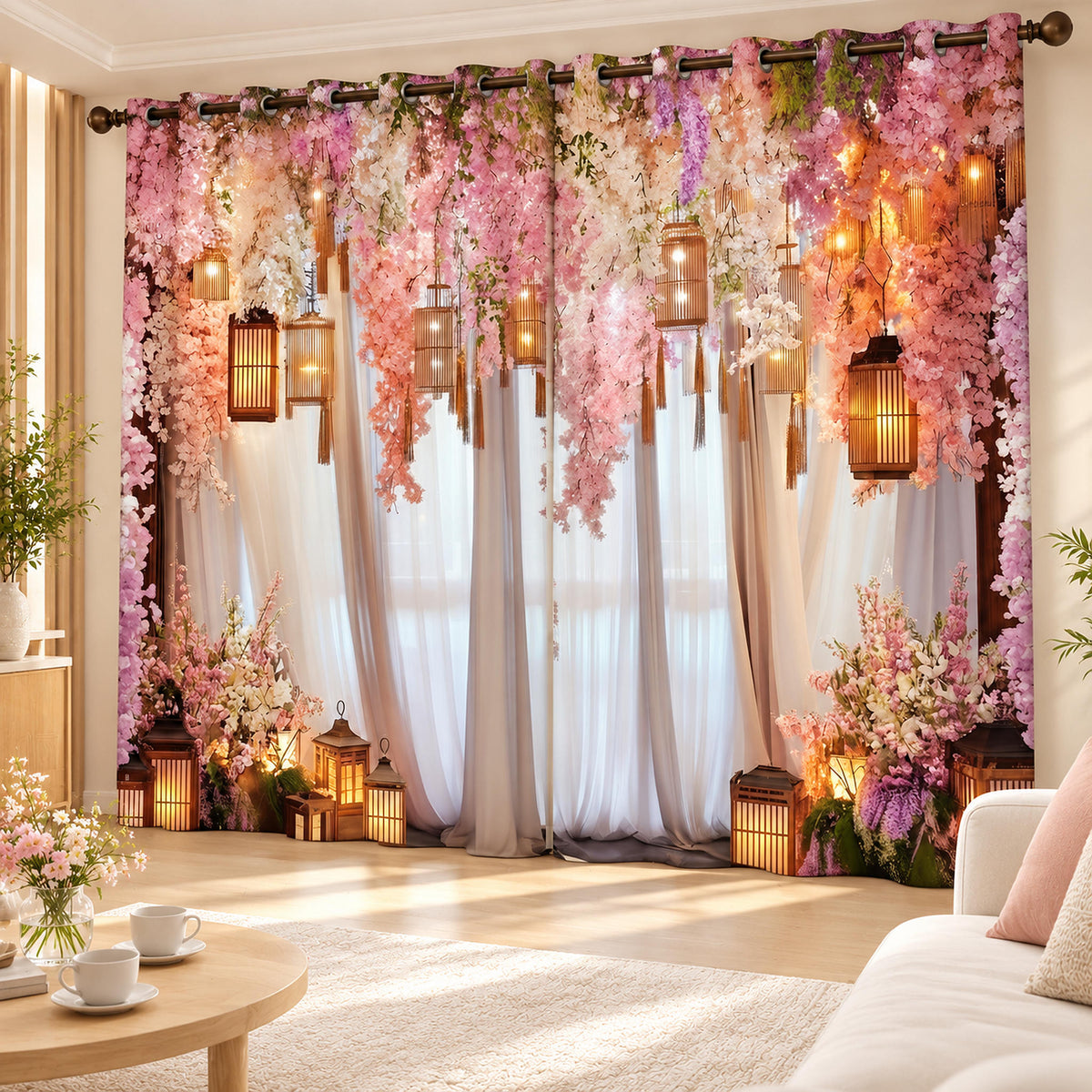 Premium Vintage Lantern & Floral Room Darkening Curtains – Pink & White Flowers Designer Living Room Drapes in a bright cheerful living room