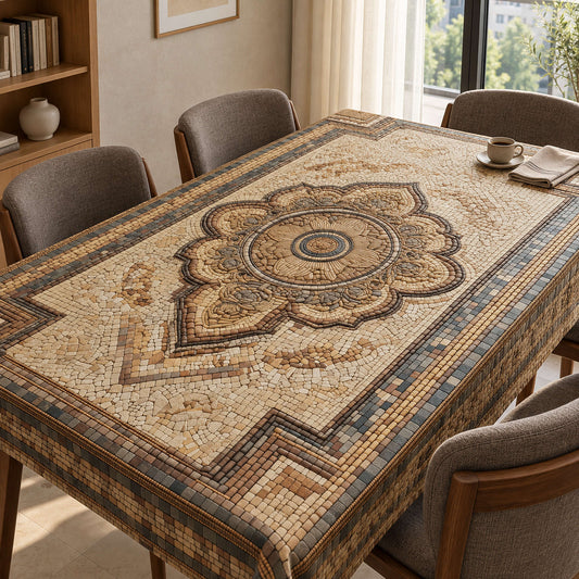 Vintage Mosaic beige and brown stone art printed table cover with charcoal dining chairs in a premium home