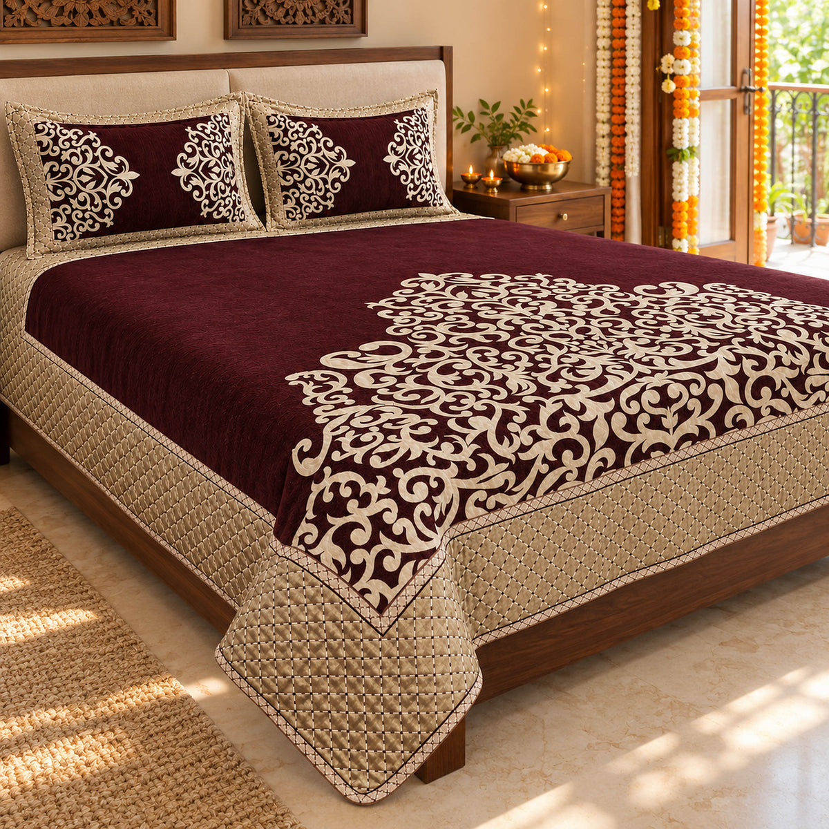 Intricate Art Royal Heavy Chenille Bedcovers - Luxury Wine in a sunlit bedroom with festive Diwali decor
