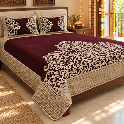 Intricate Art Royal Heavy Chenille Bedcovers - Luxury Wine in a sunlit bedroom with festive Diwali decor