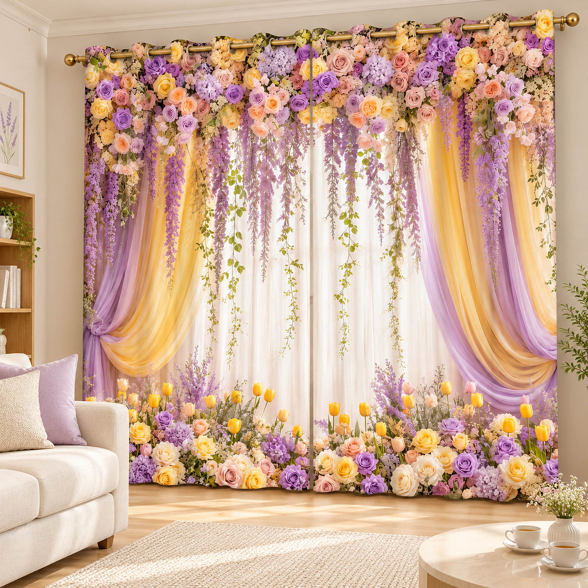 Premium Blackout Elegant Wisteria & Orchid Curtains – Pastel Floral Drapes(Set of 2) in a bright cheerful living room