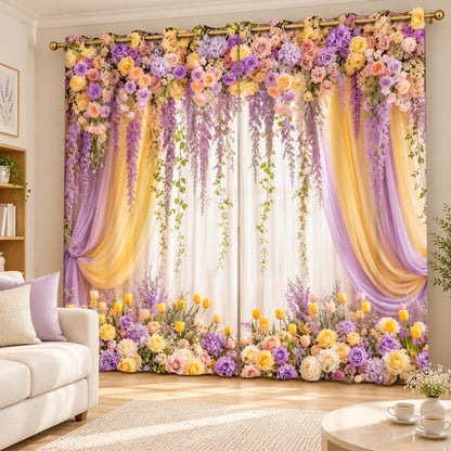 Premium Blackout Elegant Wisteria & Orchid Curtains – Pastel Floral Drapes(Set of 2) in a bright cheerful living room