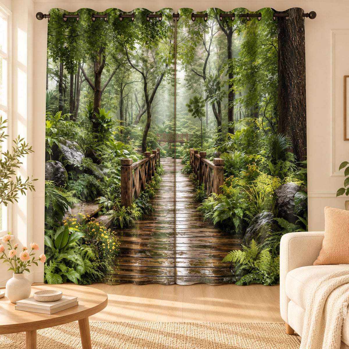 Enchanted Woodland Bridge designer room darkening curtains, set of two, in a bright cheerful living room