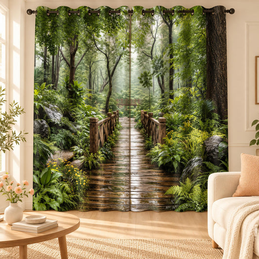 Enchanted Woodland Bridge designer room darkening curtains, set of two, in a bright cheerful living room
