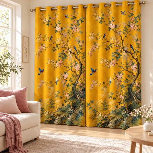 Golden Blossom & Birds designer room darkening curtains, set of two, in a bright cheerful living room