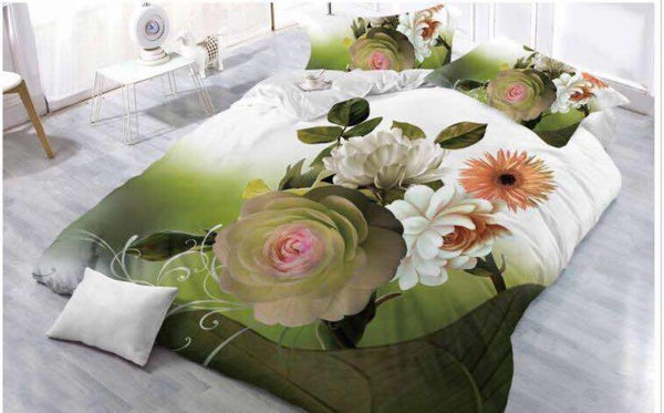 White & Green Floral Glace Cotton Bedsheet