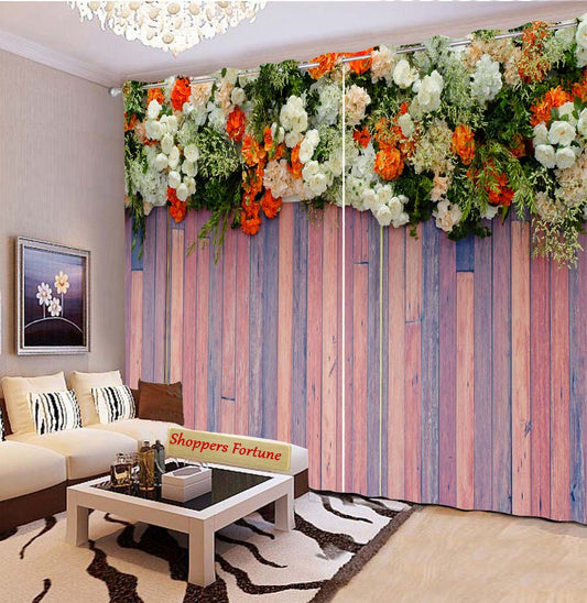 Premium Blackout Digital Curtains - Rusty Wooden Flora(Set of 2) 2021 Edition