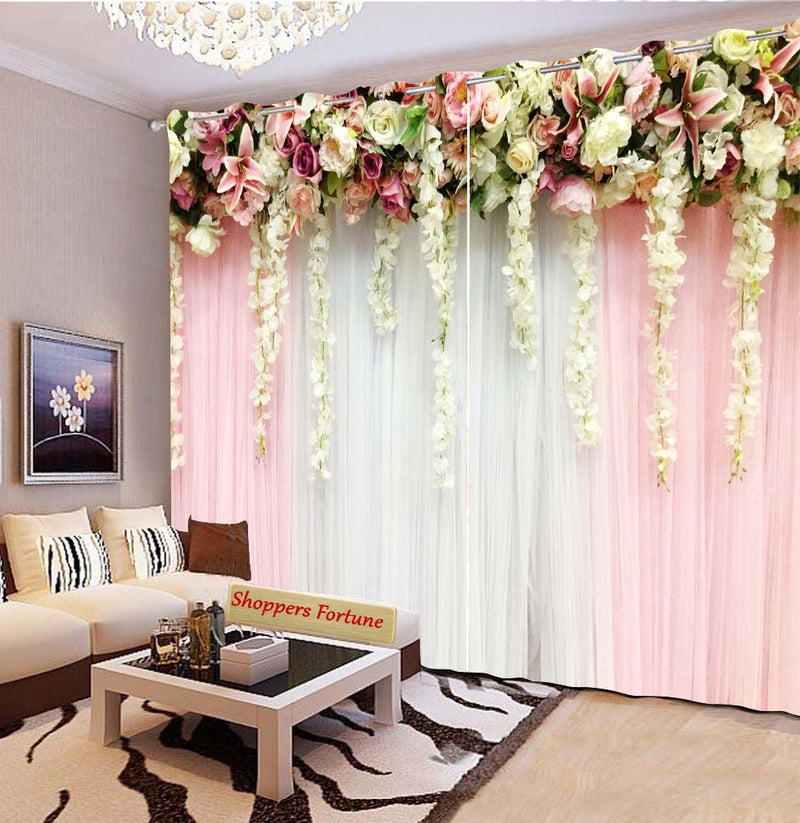 Premium Blackout Digital Curtains - White & Pink Floral(Set of 2) 2021 Edition