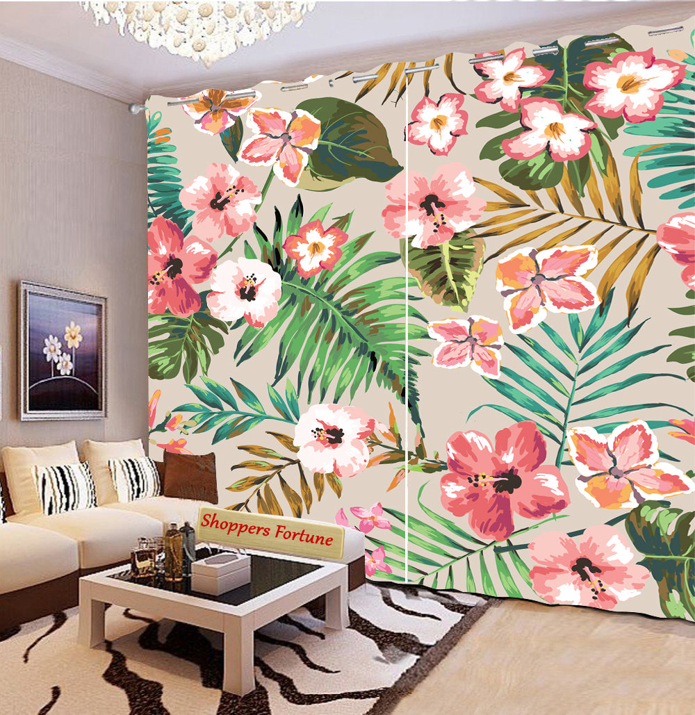 Premium Blackout Digital Curtains - World of Hibiscus(Set of 2) 2020 Edition