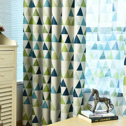 Premium Blackout Geometric Curtains - Blue & Green Triangles(Set of 2)