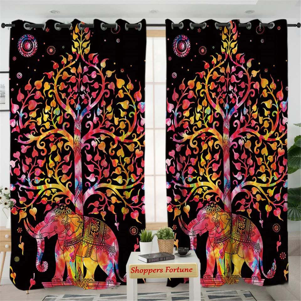 Digital Heavy Long Crush Curtains - Elephant Tree of Life- Black