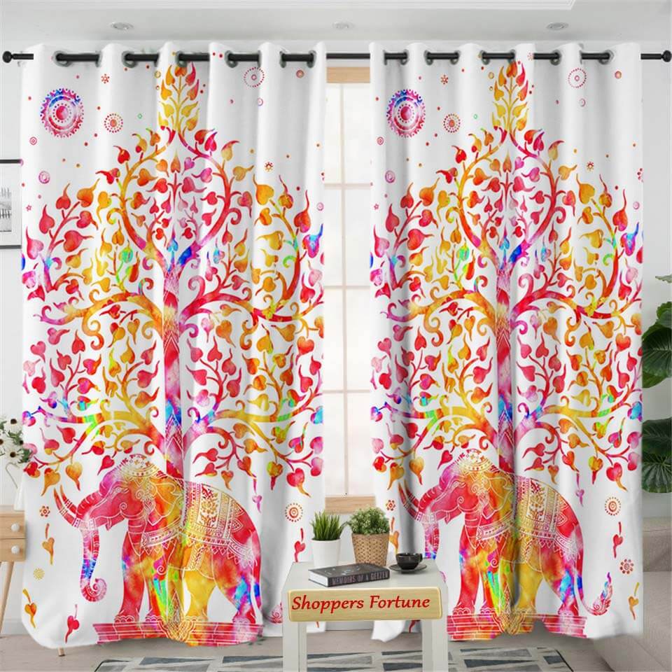 Digital Heavy Long Crush Curtains - Elephant Tree of Life- White