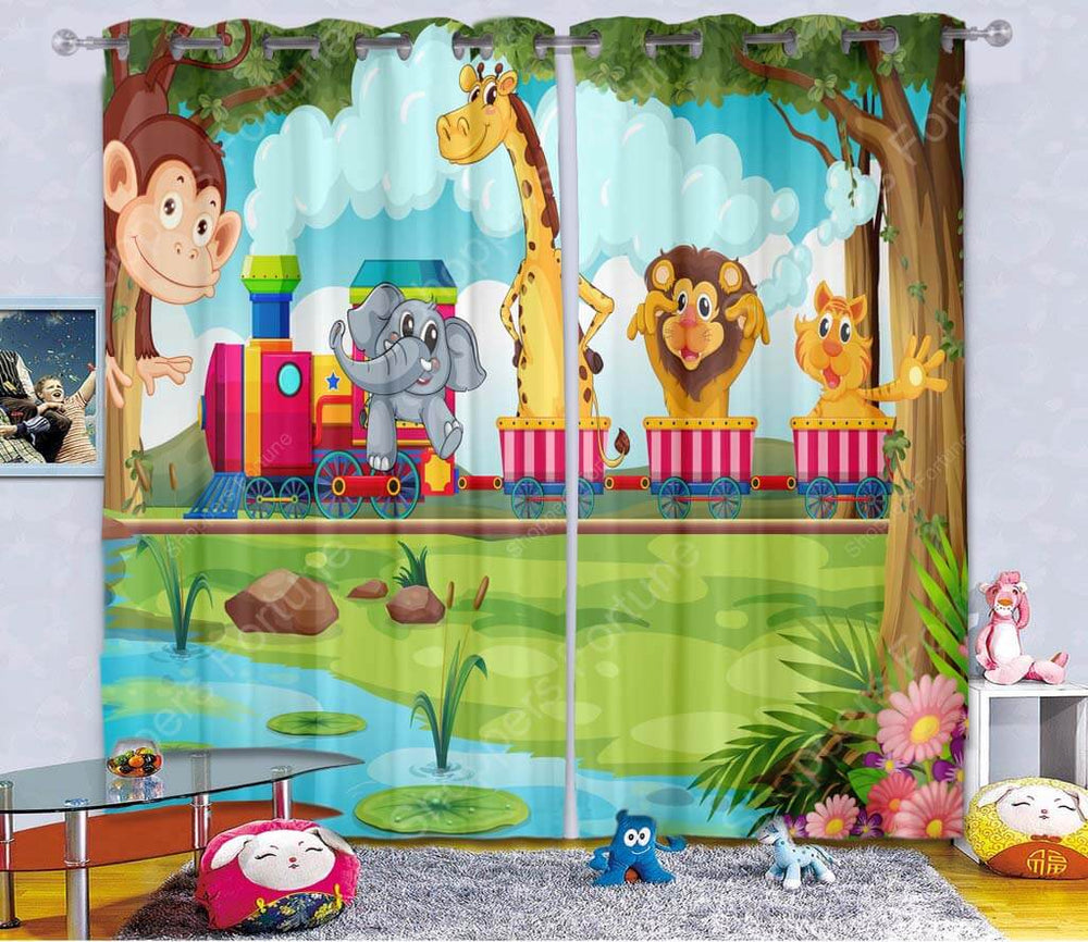 Kids Cartoon Blackout Curtains - Crazy Jungle Ride (Set of 2)