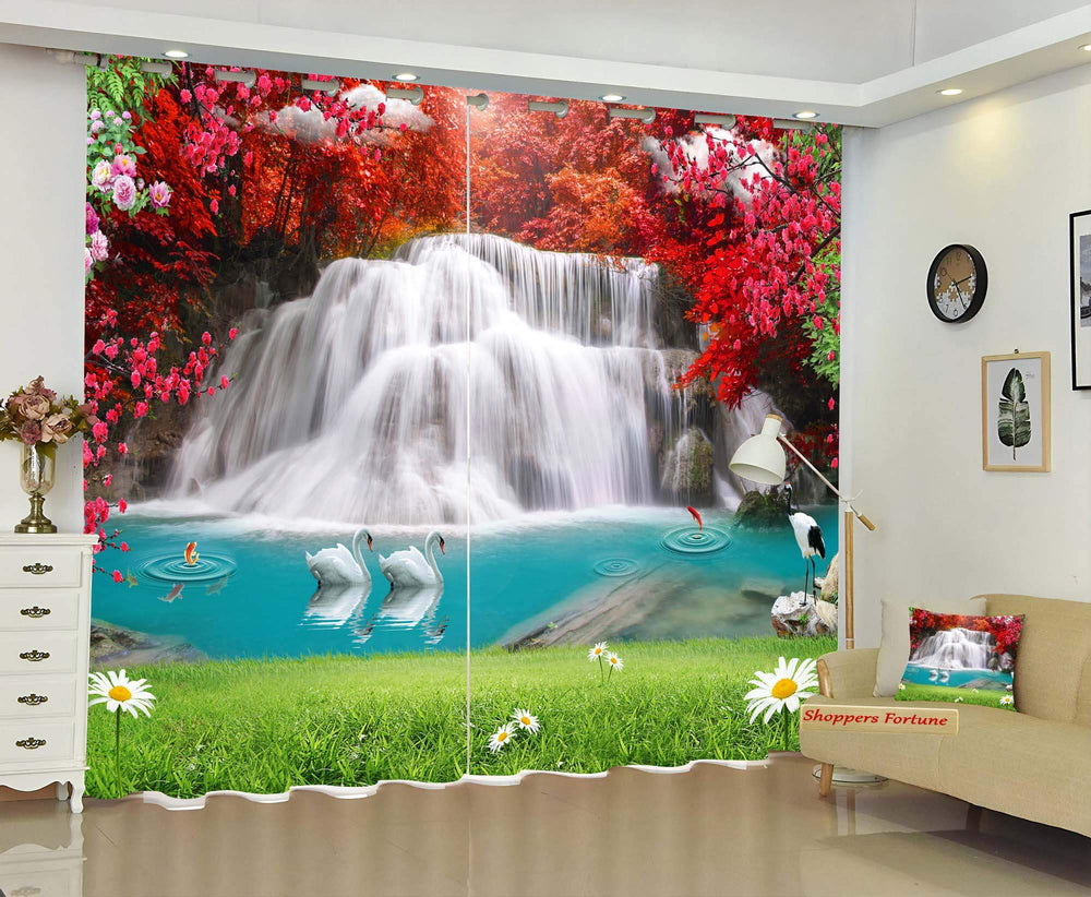 Premium Blackout Digital Curtains - Waterfall with Beautiful Swan(Set of 2) 2022 Edition