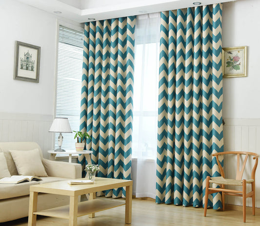 Premium Blackout Geometric Curtains - Blue Wave(Set of 2)