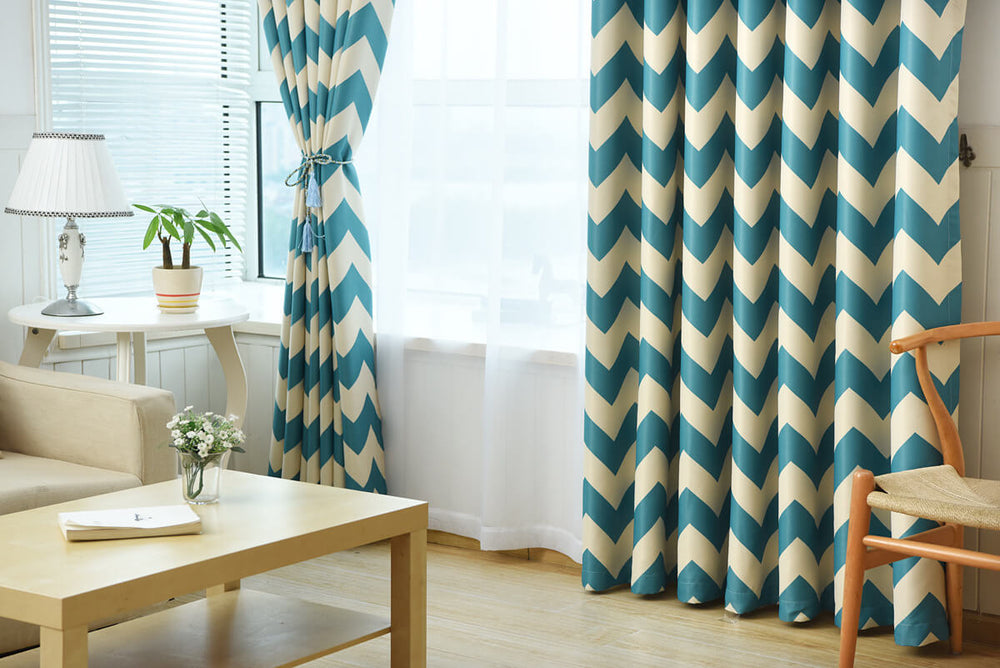 Premium Blackout Geometric Curtains - Blue Wave(Set of 2)