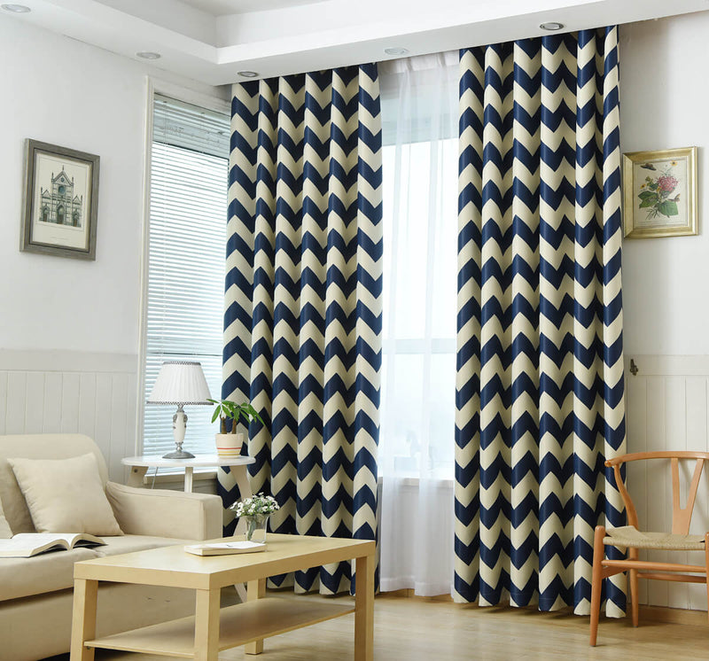 Premium Blackout Geometric Curtains - Dark Blue Wave(Set of 2)