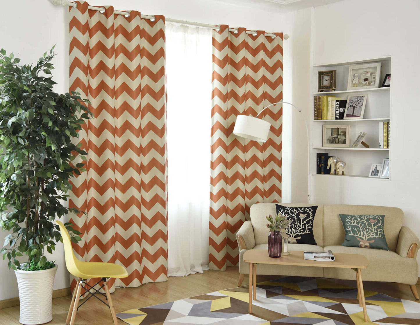 Premium Blackout Geometric Curtains - Rusty Orange Wave(Set of 2)