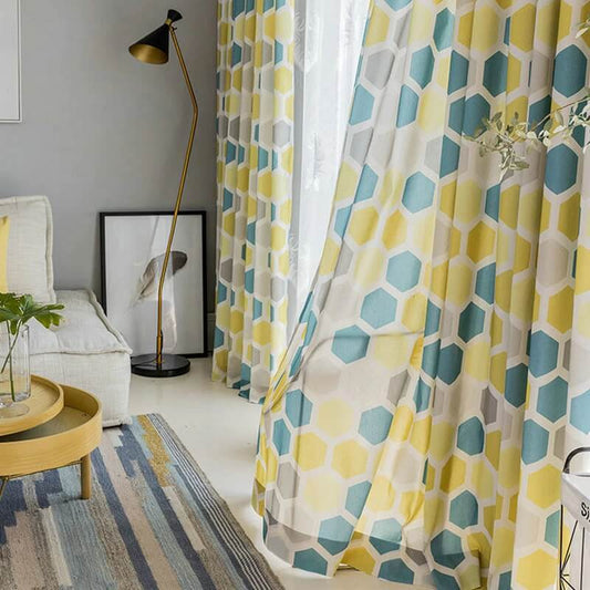 Premium Blackout Geometric Door Window Curtains for Home - Hexagonal Shades of Grey, Green & Yellow(Set of 2)