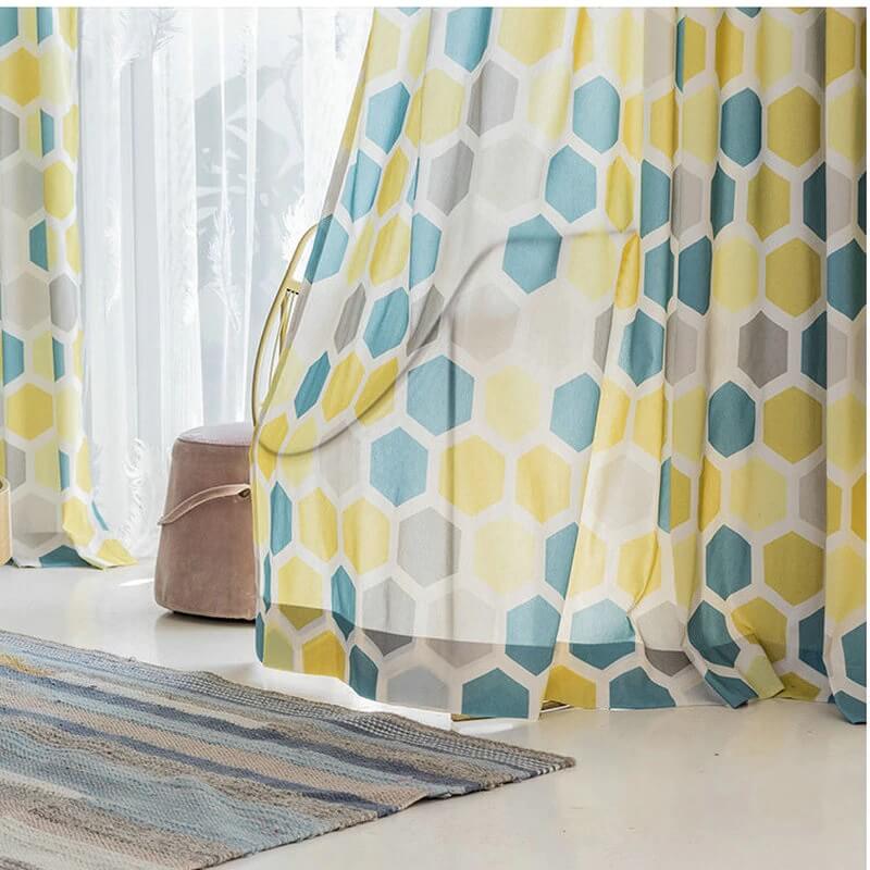 Premium Blackout Geometric Door Window Curtains for Home - Hexagonal Shades of Grey, Green & Yellow(Set of 2)