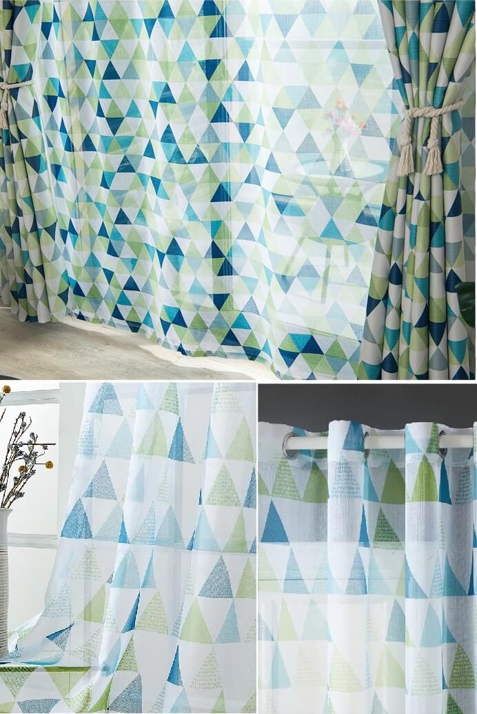 Royal Sheer Curtains - Blue & Green Triangle