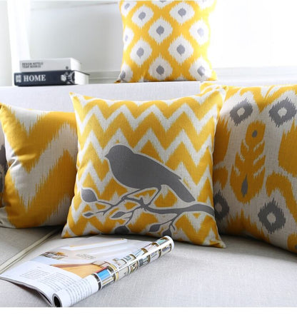 Sparrow Vignette Royal Yellow Cotton Feel Cushion Covers - 5 Piece/Set