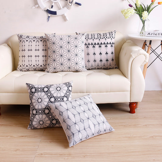 Classical Black & White Ethnic Pattern Cotton Feel Cushion Covers - 5 Piece/Set