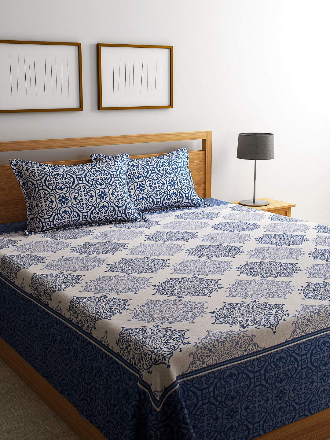 Royal Medallion Reversible Cotton Bedsheet - Blue