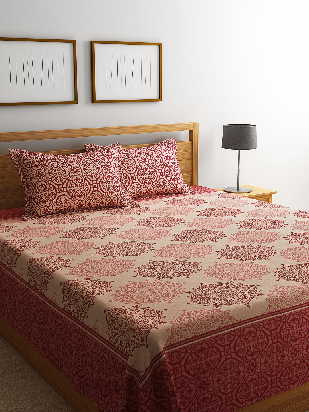 Royal Medallion Reversible Cotton Bedsheet - Maroon