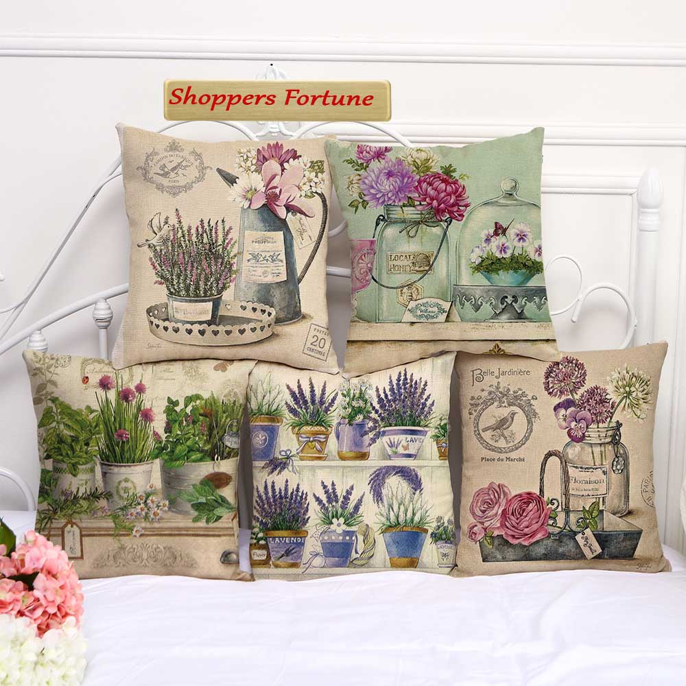Floral Pots Cotton Feel Cushion Covers - 5 Piece/Set