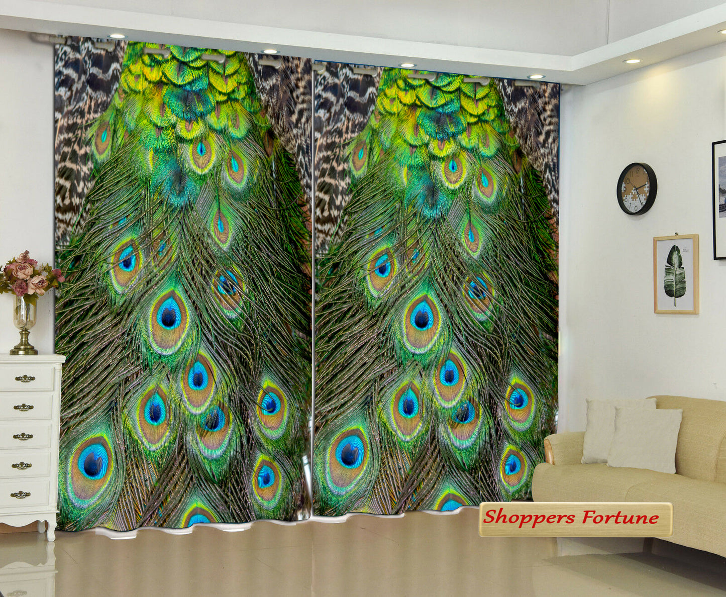 Digital Heavy Long Curtains - Elegant Peacock Feather