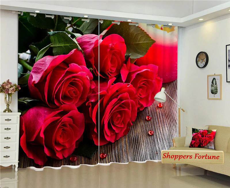 Premium Blackout Digital Curtains - Valentine Red Roses(Set of 2)