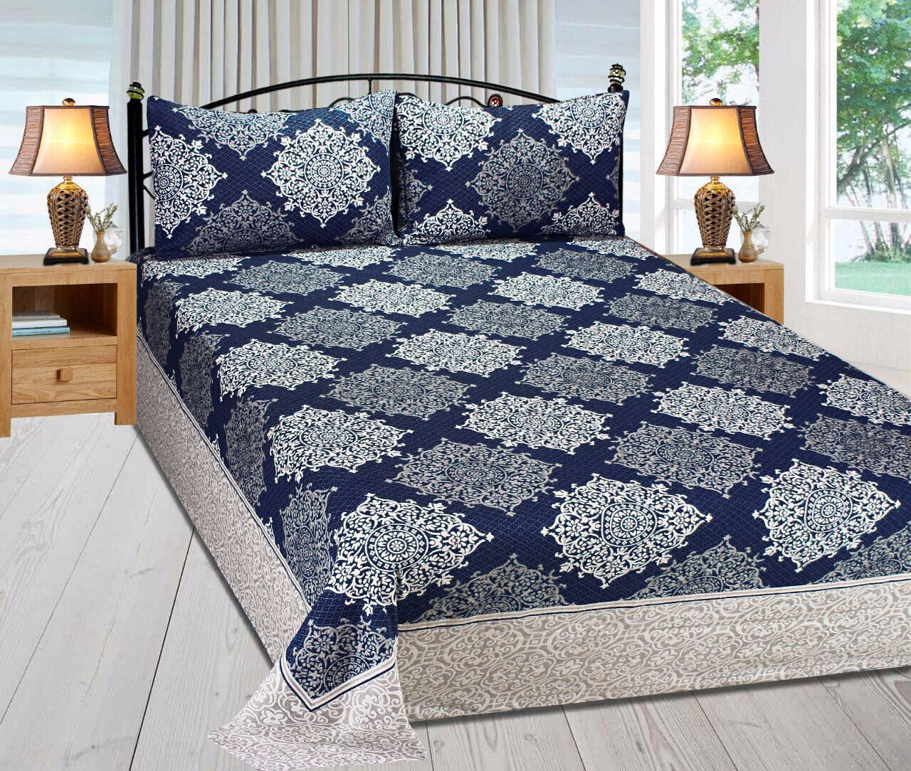 Royal Medallion Reversible Cotton Bedsheet - Blue