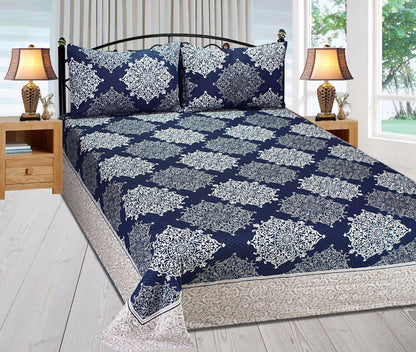 Royal Medallion Reversible Cotton Bedsheet - Blue