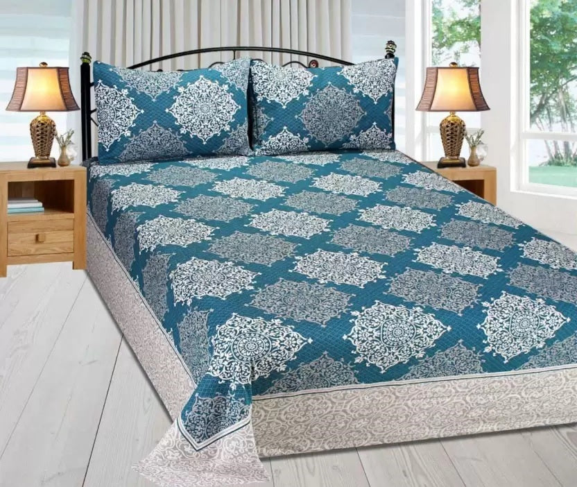 Royal Medallion Reversible Cotton Bedsheet - Navy Blue