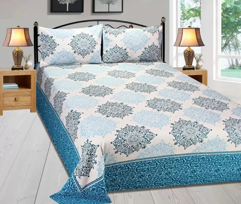 Royal Medallion Reversible Cotton Bedsheet - Navy Blue