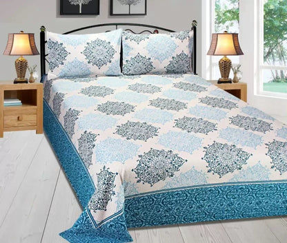 Royal Medallion Reversible Cotton Bedsheet - Navy Blue