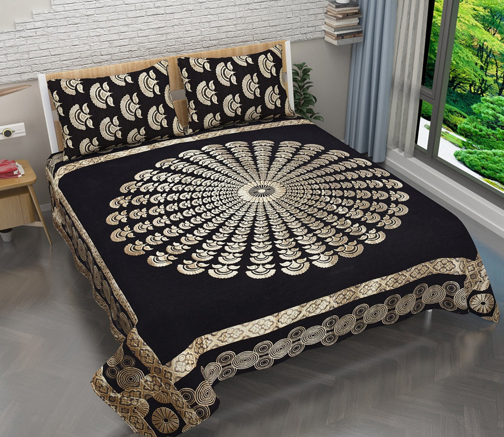 Royal Peacock Art Chenille Bedcovers - Black