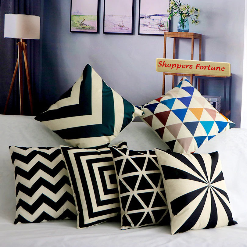 Vintage Black & White Stripe Cotton Feel Cushion Covers - 5 Piece/Set